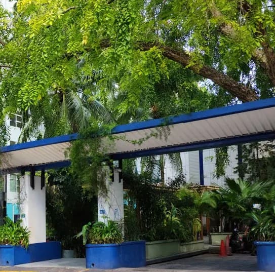 The entrance of ADK Hospital: its blue tower and covered walkway behind a canopy of trees